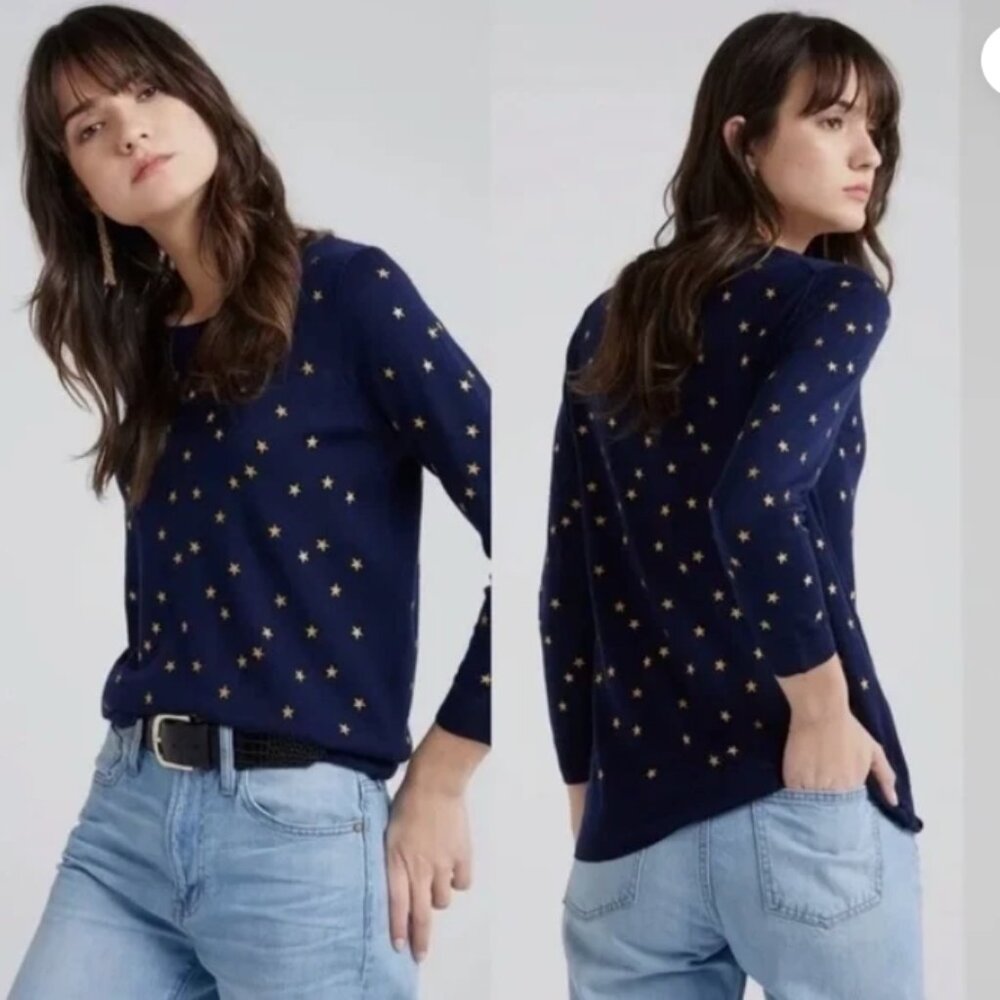J. Crew Merino Wool Tippi Sweater Navy Blue Gold Embroidered Stars Novelty Sz S